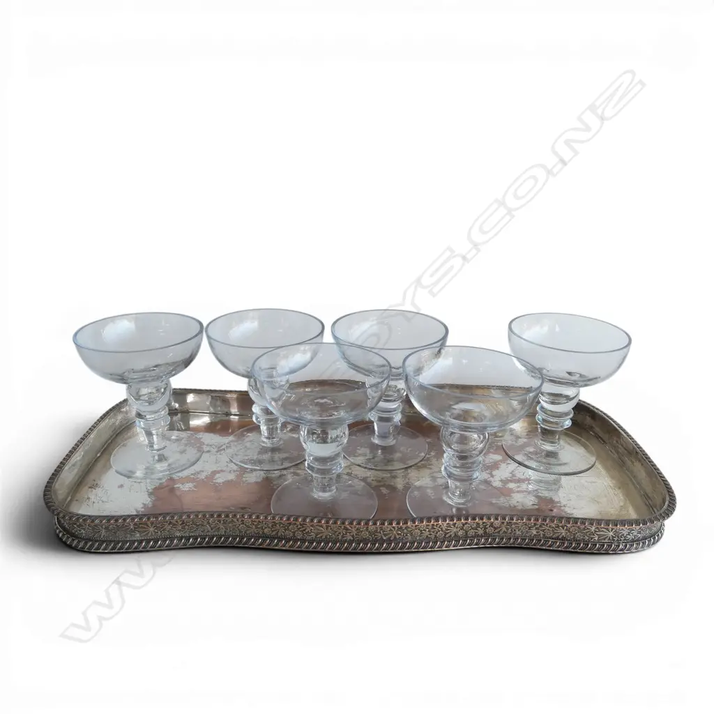 6 HOLLOW STEM CHAMPAGNE GLASSES H.110mm (1 w. RIM CHIP) ON OLD SHEFFIELD PLATE TRAY 215x470mm Image 1++