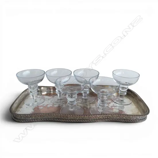 6 HOLLOW STEM CHAMPAGNE GLASSES H.110mm (1 w. RIM CHIP) ON OLD SHEFFIELD PLATE TRAY 215x470mm