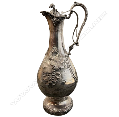 EARLY 20thC 925 SILVER EUROPEAN WINE EWER relief decorated with grapes. Lid opening bar is plated. H.320mm.  830gms Image 1++