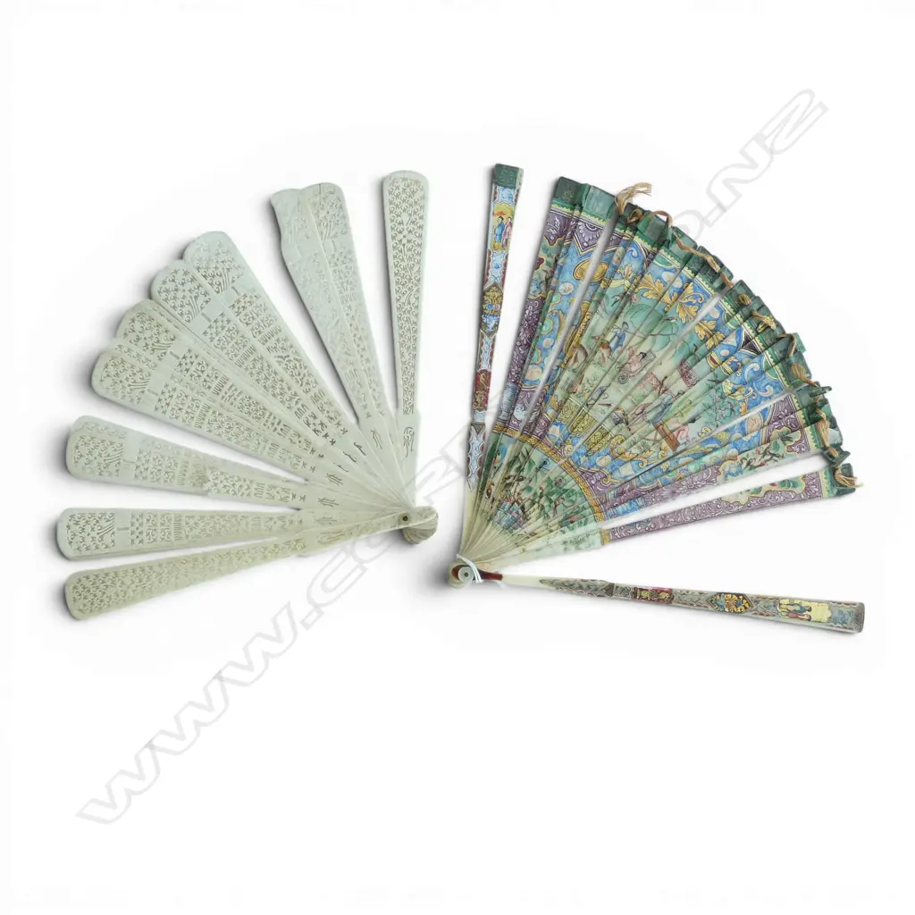 OLD CHINESE IVORY FAMILLE ROSE PAINTED folding FAN exotic scenes figures animals birds. Silk ribbon decayed. + other FAN Image 1++
