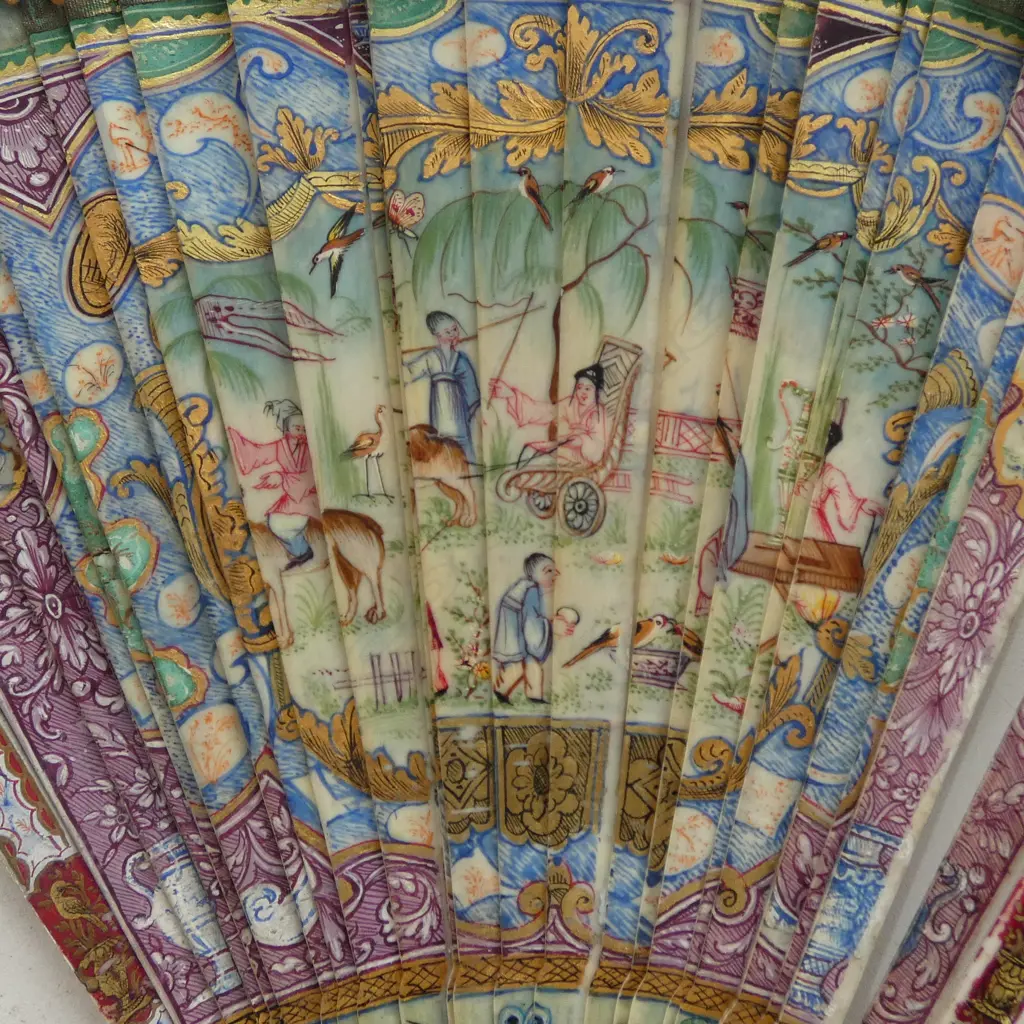 OLD CHINESE IVORY FAMILLE ROSE PAINTED folding FAN exotic scenes figures animals birds. Silk ribbon decayed. + other FAN Image 1++