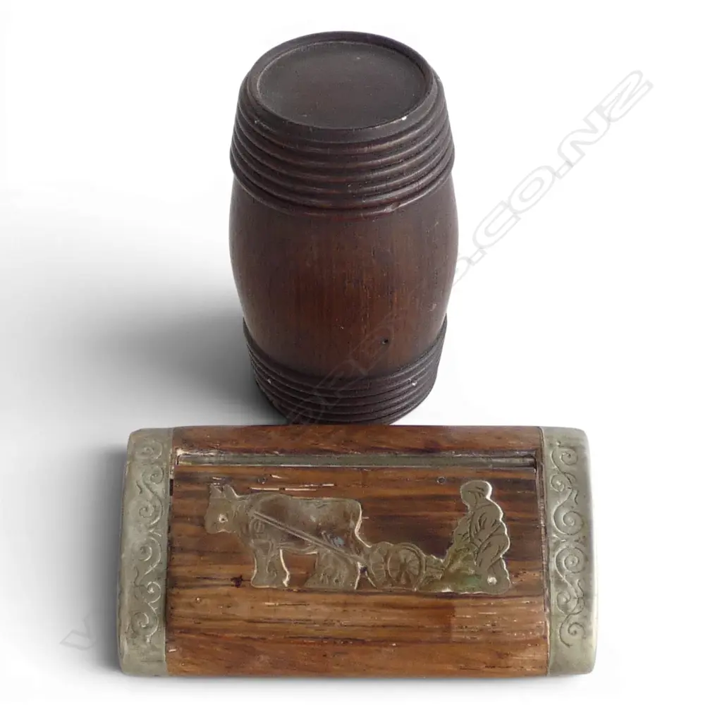 ANTIQUE c.19thC FRUITWOOD BARREL TREEN H.70mm + SMALL BOX W.77mm Image 1++