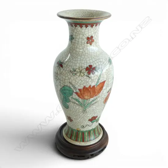 ANTIQUE CHINESE CRACKLE GLAZE VASE PAINTED FLOWERS & INSECTS ON WOOD STAND H230MM
