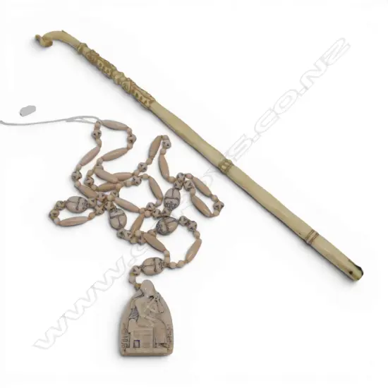 COSTUME EGYPTIAN NECKLACE + CARVED IVORY IMPLEMENT faults