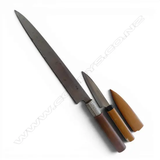 1950s JAPANESE HANDFORGED CARBON STEEL CHEF'S KNIFE, L.370mm blade & handle signed & VEGETABLE PARING KNIFE