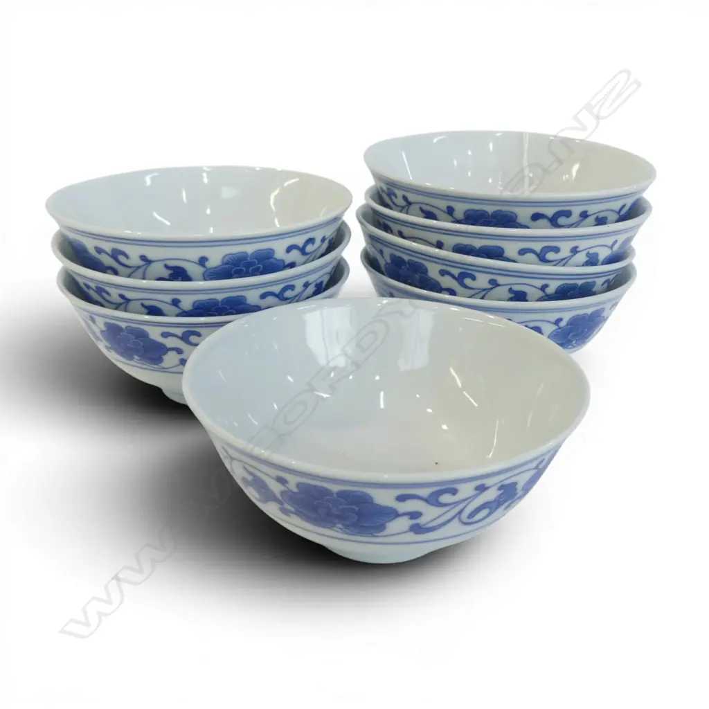 8 CHINESE B/W PORCELAIN BOWLS floral band design Dia.115mm Image 1++