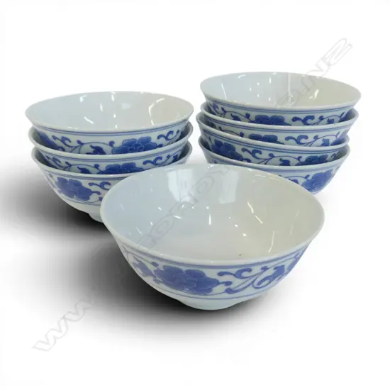 8 CHINESE B/W PORCELAIN BOWLS floral band design Dia.115mm