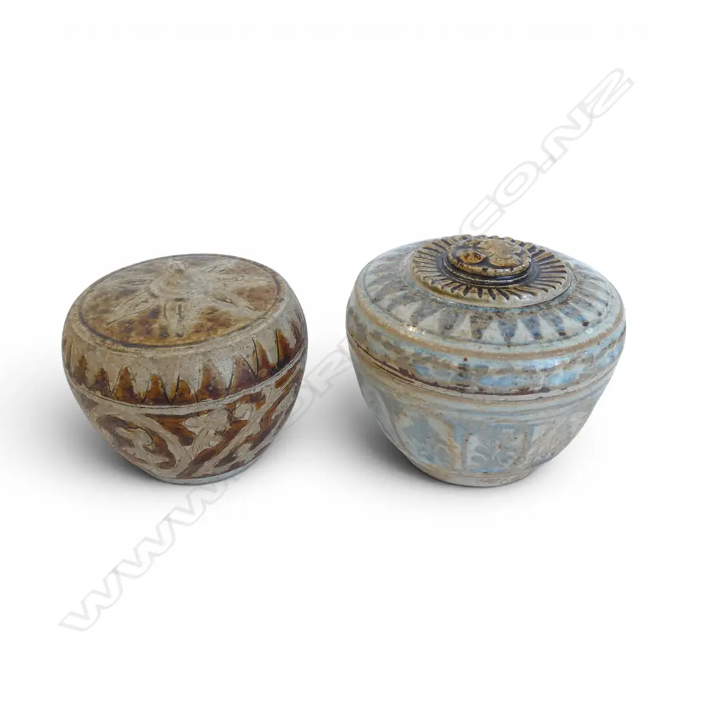 2 ANTIQUE SAWANKHALOK LIDDED CONTAINERS H.90mm Image 1++