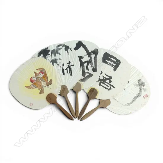 FIVE JAPANESE HAND PAINTED UCHIWA FANS, some foxing