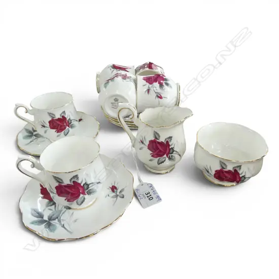 ROYAL ALBERT SWEET ROMANCE TEA CHINA; 6 C/S, SUGAR & MILK