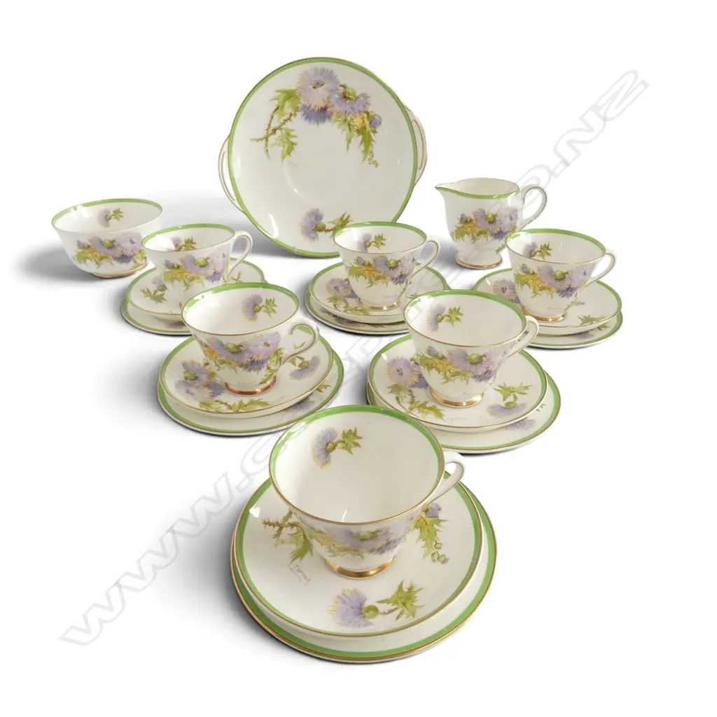 ROYAL DOULTON "GLAMIS THISTLE" PART TEA SERVICE; 6 TRIOS, SUGAR, CREAM & CAKE PLATE Image 1++