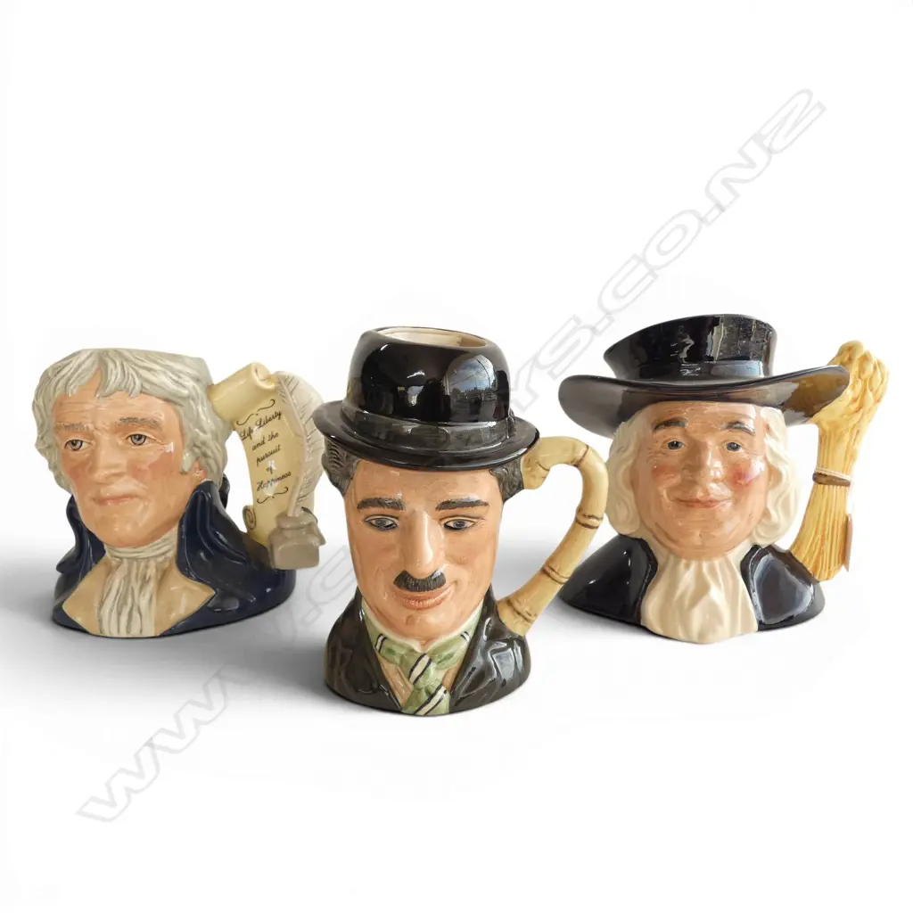 3 ROYAL DOULTON TOBY JUGS; THOMAS JEFFERSON, CHARLIE CHAPLIN, MR QUAKER H.180mm Image 1++