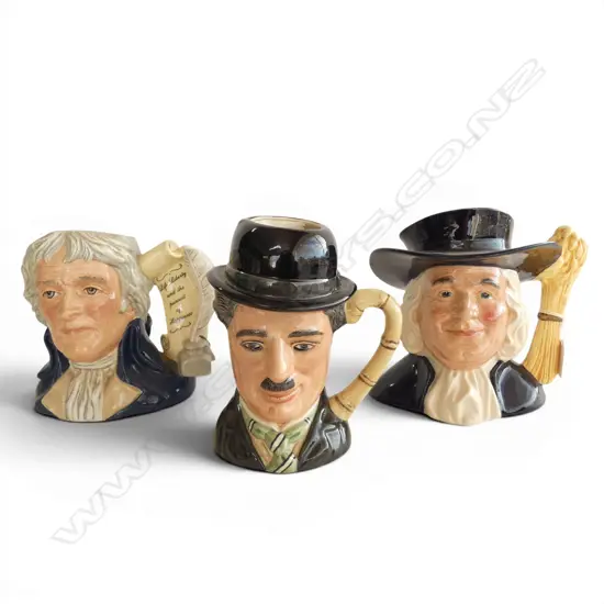 3 ROYAL DOULTON TOBY JUGS; THOMAS JEFFERSON, CHARLIE CHAPLIN, MR QUAKER H.180mm