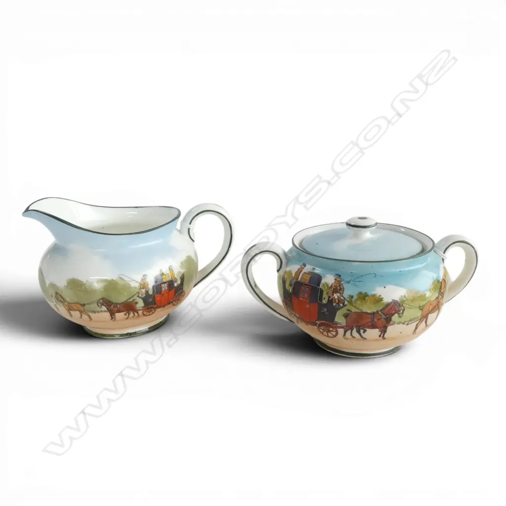 ROYAL DOULTON COACHING DAYS 'BLUE SKY' SUGAR BOWL & MILK JUG, 'Blue Sky' is a rare variation produced 1905-1906 Image 1++