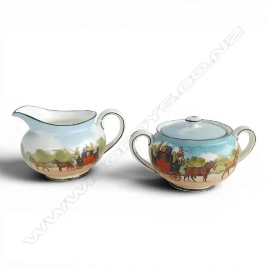 ROYAL DOULTON COACHING DAYS 'BLUE SKY' SUGAR BOWL & MILK JUG, 'Blue Sky' is a rare variation produced 1905-1906