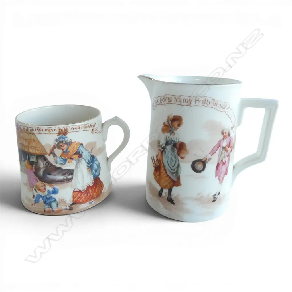 2 PCS ROYAL DOULTON NURSERY RHYMES; JUG 'Where are you going to', H.110mm & MUG 'There was an old woman', H.80mm Image 1++