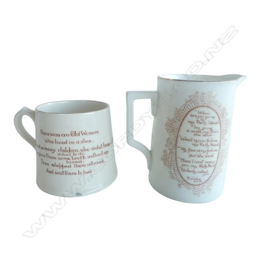 2 PCS ROYAL DOULTON NURSERY RHYMES; JUG 'Where are you going to', H.110mm & MUG 'There was an old woman', H.80mm Image 1++