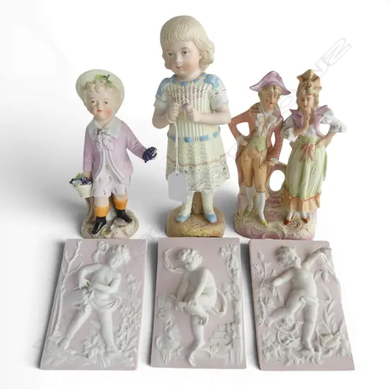 3 EWDARDAIN BISCE FIGURINES H240MM TALLEST & 3 BISCE CHINA WALL PLAQUES H130MM