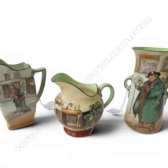 3 PCS ROYAL DOULTON DICKENS WARE 2 JUGS & VASE, H.100,130,150mm