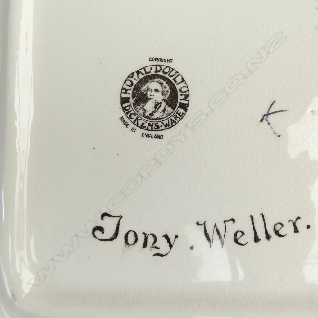 3 PCS ROYAL DOULTON DICKENS WARE 2 PLATES, 210x210mm & PLATED RIMMED JUG, H.140mm, sml chip to handle Image 1++