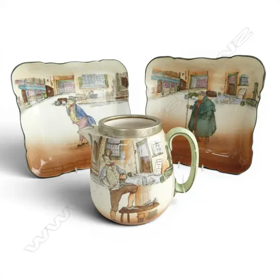 3 PCS ROYAL DOULTON DICKENS WARE 2 PLATES, 210x210mm & PLATED RIMMED JUG, H.140mm, sml chip to handle