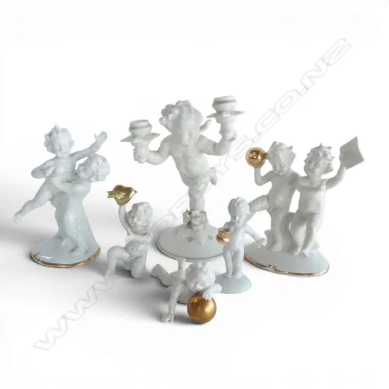 COLLECTION OF 6 GERMAN & HUTCHENRUTHER BLANC DE CHINE PUTTI ORNEMENTS H170 TALLEST