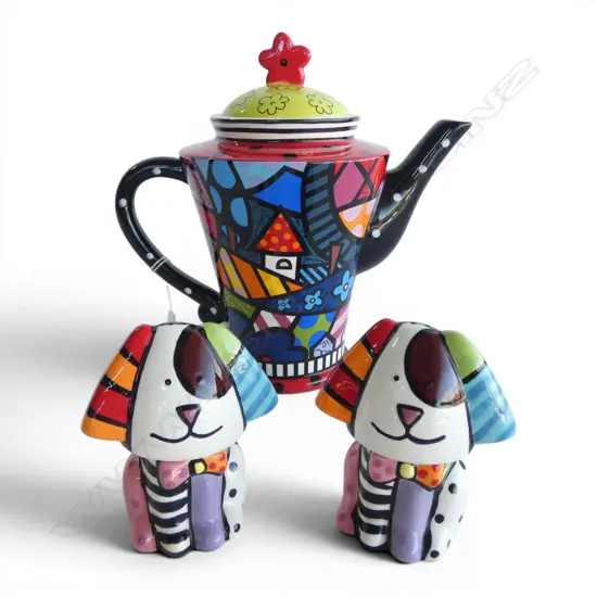 ROMERO BRITTO SIGNED FLOWER TEAPOT H250MM & 2 SIGNED DOG SALT PEPPERS H110MM
