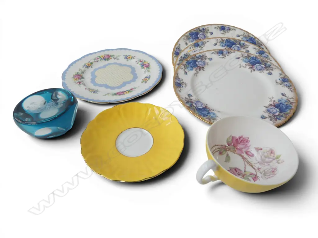 YELLOW AYNSLEY C/S, 3 ROYAL ALBERT "MOONLIGHT ROSE" + "PRUDENCE" PLATES & BLUE GLASS PAPERWEIGHT  Image 1++