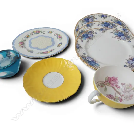 YELLOW AYNSLEY C/S, 3 ROYAL ALBERT "MOONLIGHT ROSE" + "PRUDENCE" PLATES & BLUE GLASS PAPERWEIGHT 