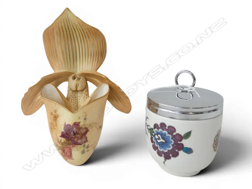 OLD ROYAL WORCESTER ORCHID WALL VASE faults H.200mm + EGG CODDLER  Image 1++