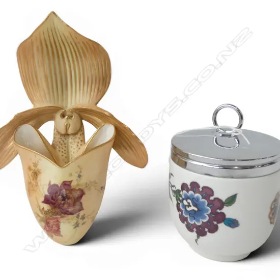 OLD ROYAL WORCESTER ORCHID WALL VASE faults H.200mm + EGG CODDLER 