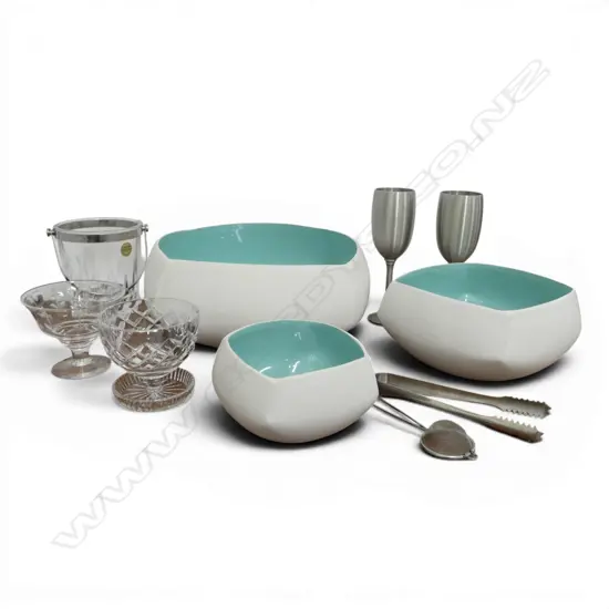 3 GRADUATED BOWLS W.280mm, PR MALAYSIAN PEWTER FLUTES, ICE BUCKET + 2 CRYSTAL