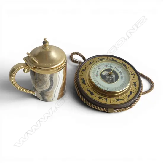 VINTAGE ZODIAC WALL BAROMETER DIA170MM & ITALIAN LIDDED ONYX TANKARD H150MM