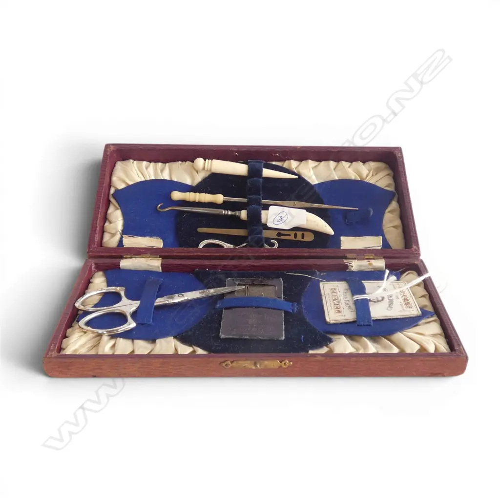 Early 20thC Red covered sewing case full of implements. Boned handled etc Image 1++