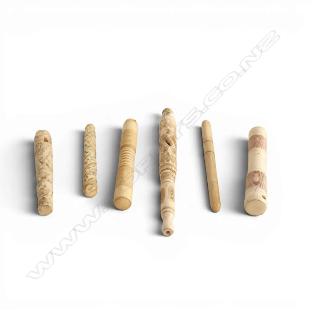 Bag of 6 carved & turned bone needle cases. @ with stanhopes not viewing well. Image 1++