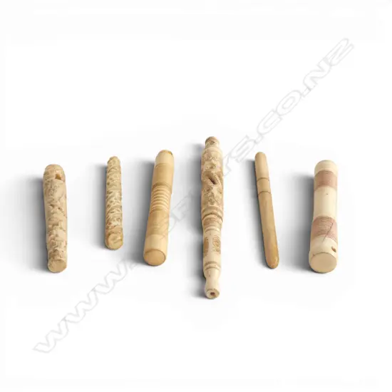 Bag of 6 carved & turned bone needle cases. @ with stanhopes not viewing well.