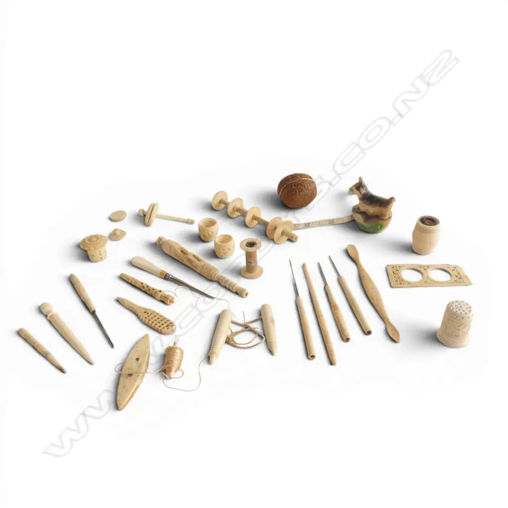 Bag old sewing items: bone spools + needles + thread containers etc Image 1++