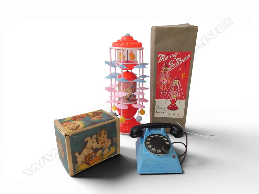 2 VINTAGE TOYS IN ORIG. BOXES; JAPANESE MERRY GO ROUND, BELCO TOY DIAL PHONE Image 1++