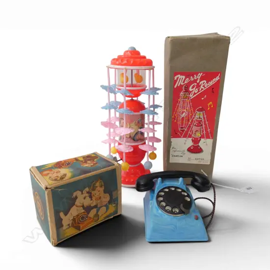 2 VINTAGE TOYS IN ORIG. BOXES; JAPANESE MERRY GO ROUND, BELCO TOY DIAL PHONE
