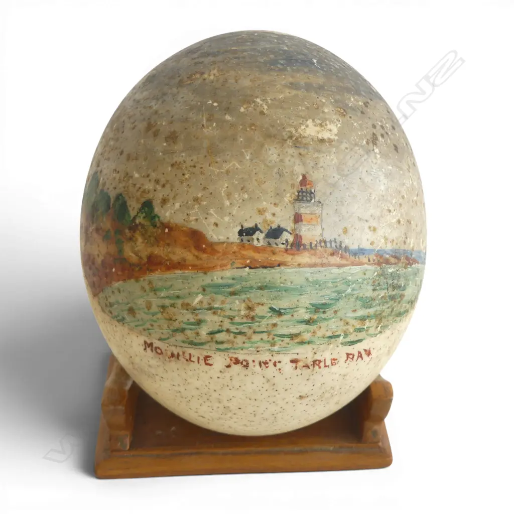 HAND PAINTED OSTRICH EGG 'MOUILLE POINT TABLE BAY' ON STAND W.120mm Image 1++