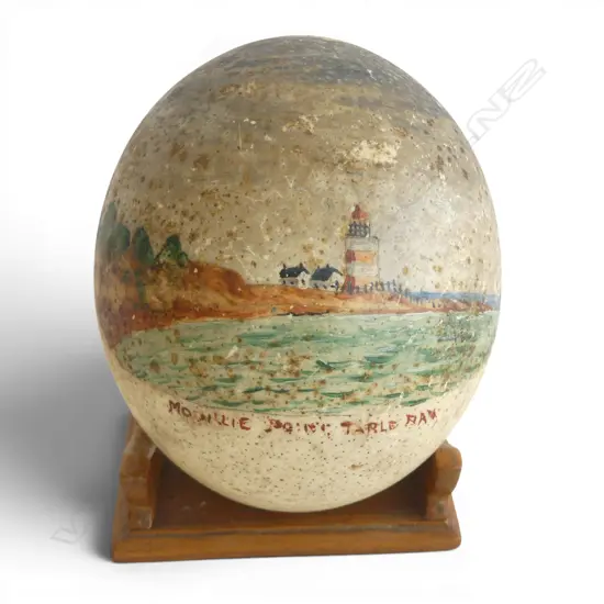 HAND PAINTED OSTRICH EGG 'MOUILLE POINT TABLE BAY' ON STAND W.120mm