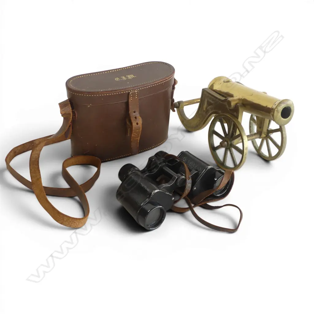 HEAVY BRASS MODEL CANNON L260MM & PR VINTAGE CASED BINOCULARS  Image 1++