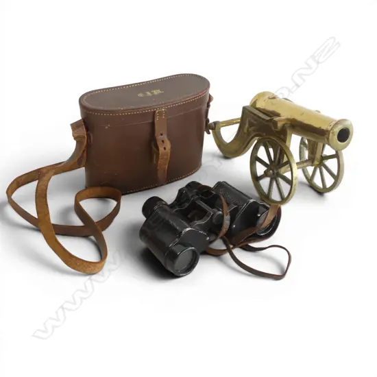 HEAVY BRASS MODEL CANNON L260MM & PR VINTAGE CASED BINOCULARS 