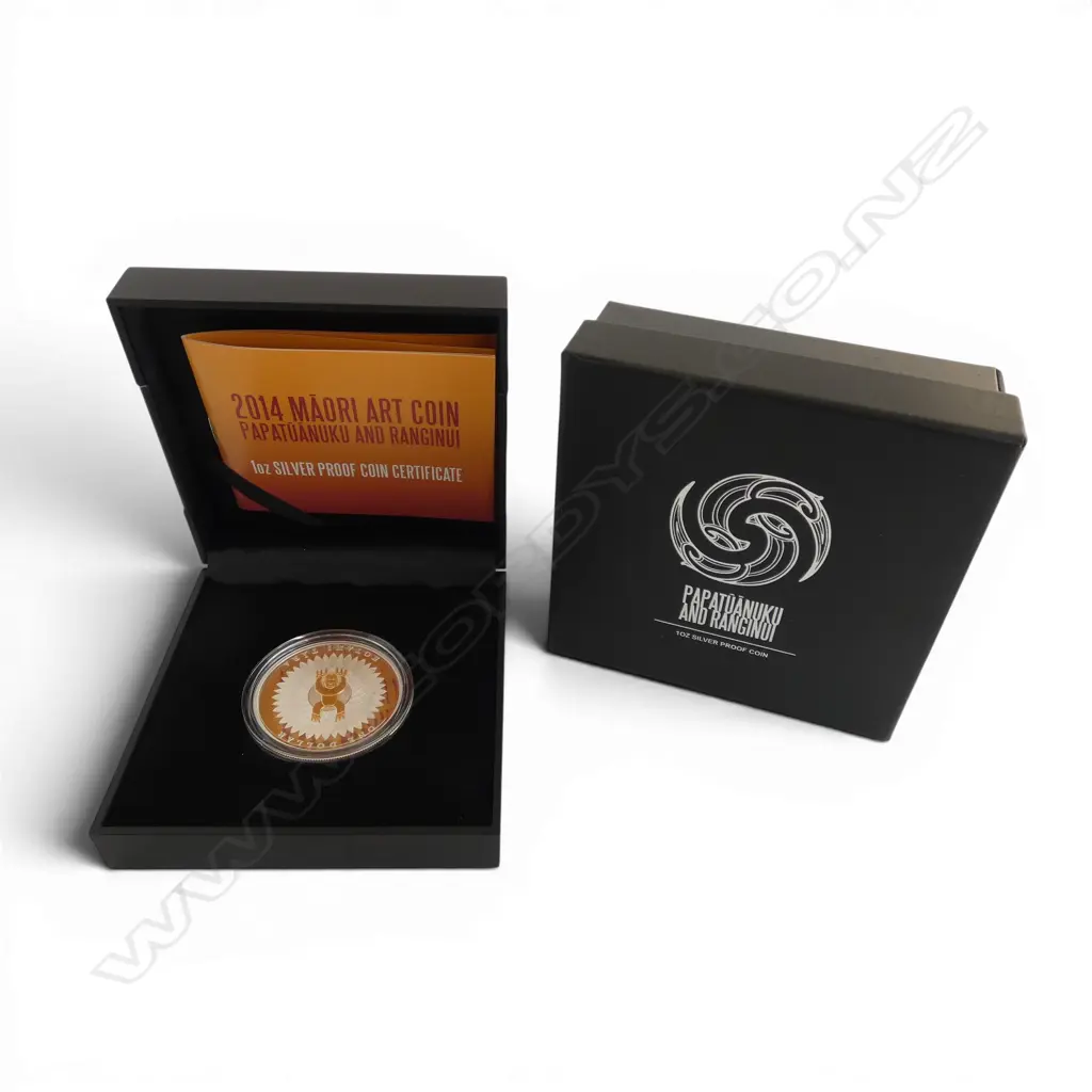 BOXED 2014 MAORI ART COIN - PAPATUANUKU AND RANGINIO .999 SILVER PROOF 1oz COIN Image 1++