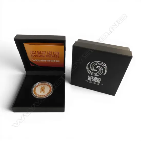 BOXED 2014 MAORI ART COIN - PAPATUANUKU AND RANGINIO .999 SILVER PROOF 1oz COIN