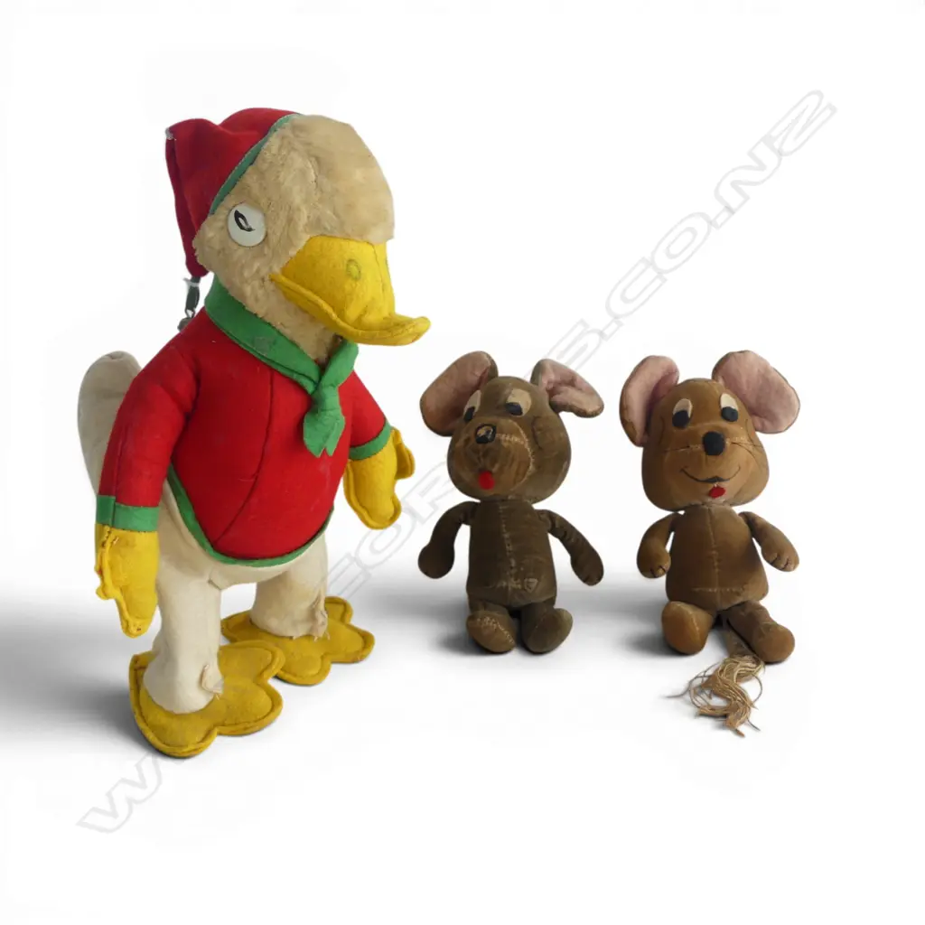 3 VINTAGE MERRYTHOUGHT SOFT TOYS; 2 MICE + DUCK H.270mm Image 1++