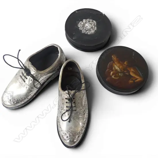 2 ANTIQUE SNUFF BOXES 90mm dia + PR SILVER METAL BROGUE SHOES
