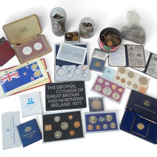 ASST. COINS INCL. PROOF SETS, COPPER PENNIES ETC