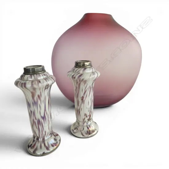 TALL PINK STUDIO GLASS VASE H270MM  & PR S/SILVER TOPPED EDWARDIAN GLASS VASES H160MM