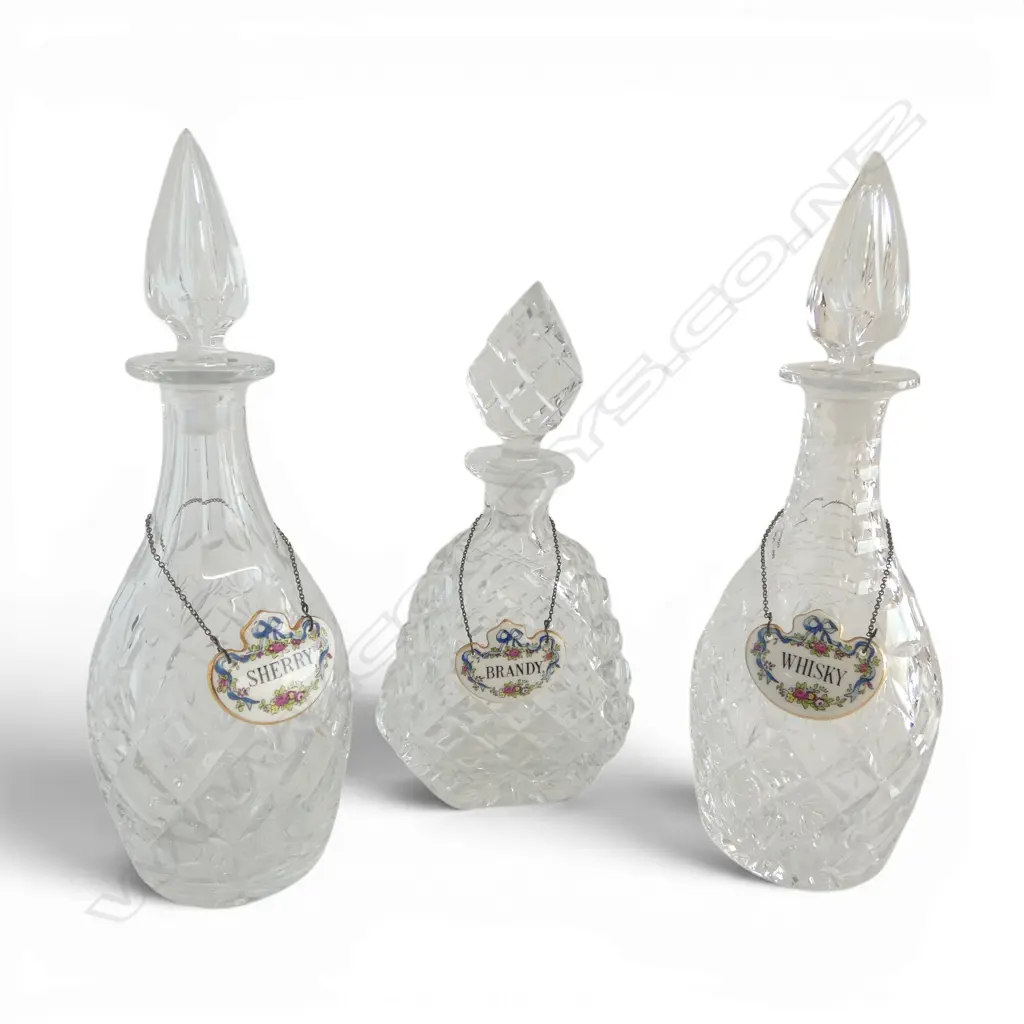 3 CRYSTAL DECANTERS (few small chips) w. PORCELAIN LABELS H.300mm Image 1++